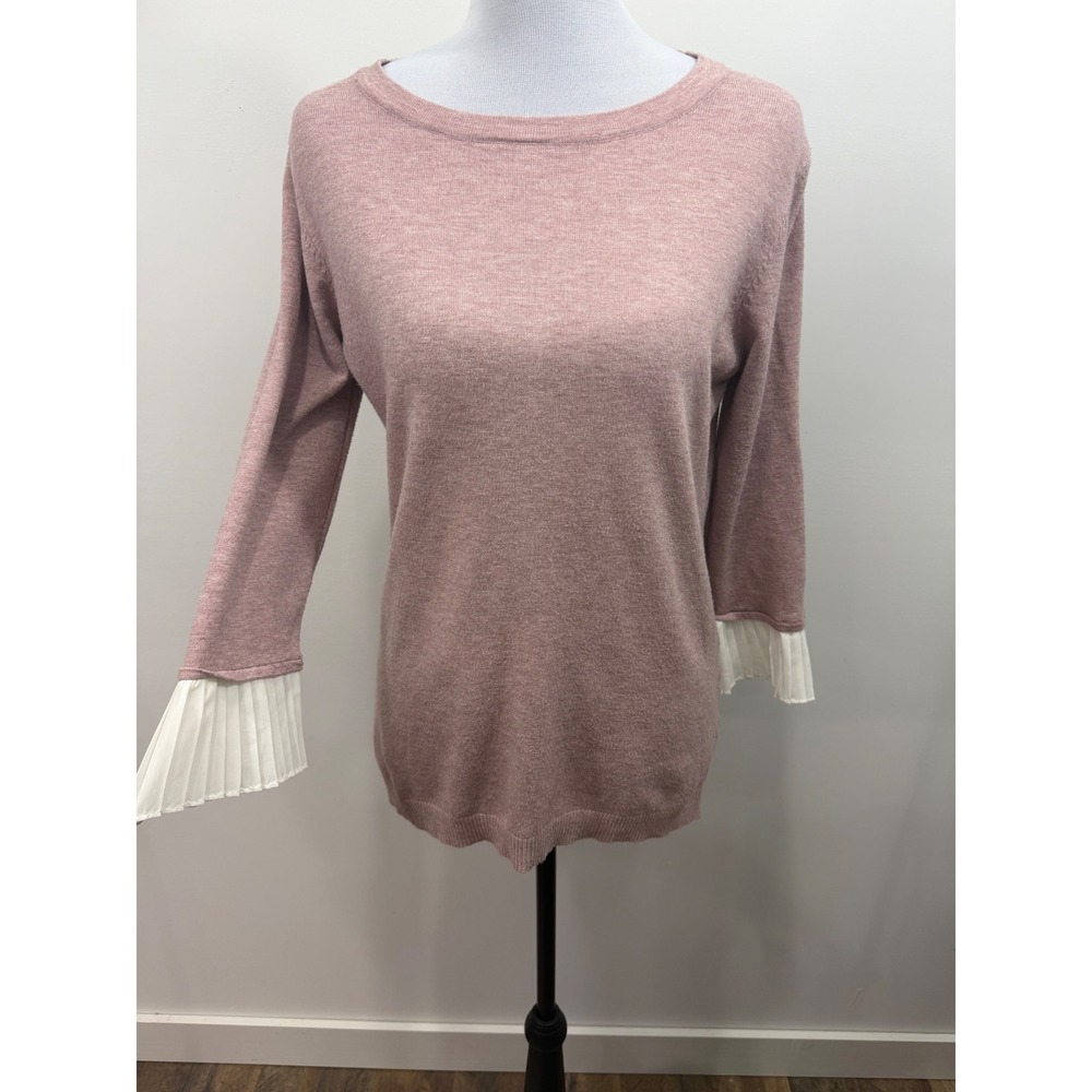 Vila Milano Dusty Rose Pink Knit Sweater Pleated Chiffon Cuff 3/4 Sleeve Medium